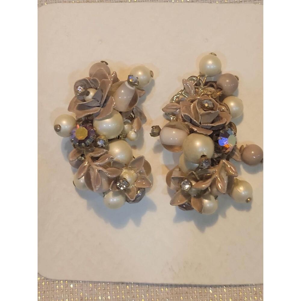 1950s Couture Style Cluster Earrings – Enamel Roses, Aurora Borealis, Glass Pear